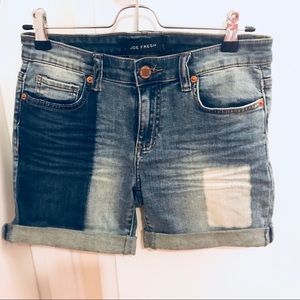 Medium Wash Patchwork Print Boyfriend Jean Shorts